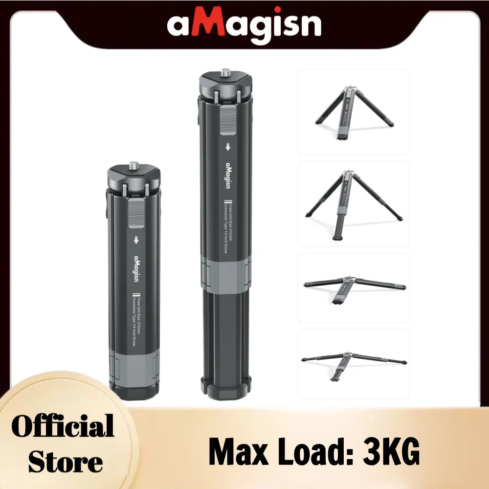 aMagisn Metal Mini Tripod, 2-Level Adjustable Angle & Retractable Legs, Max Load 3kg, for GoPro DJI Insta360 Action Cameras