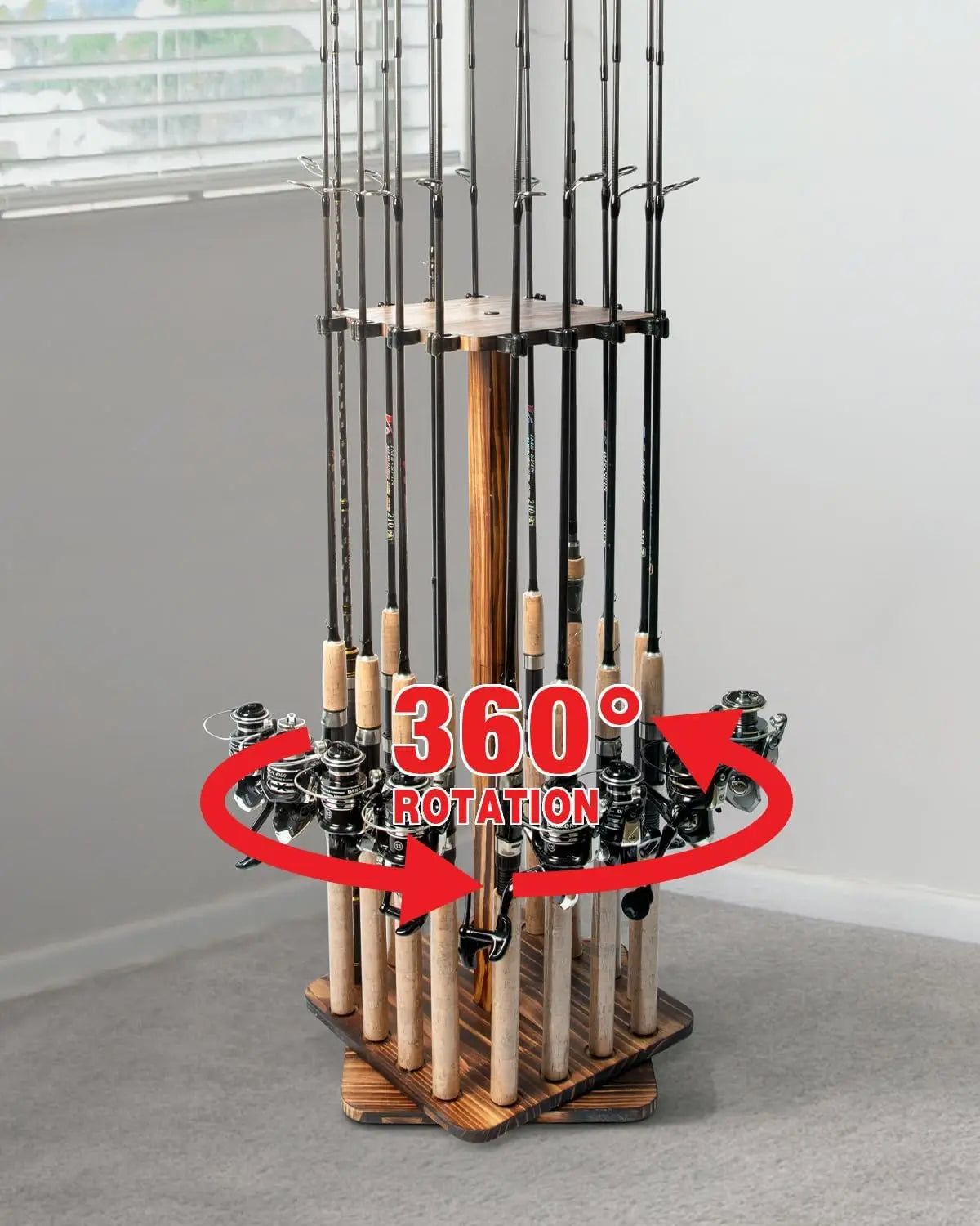 Cherry wood rotating fishing rod rack loaded with rods, showing 360-degree access.