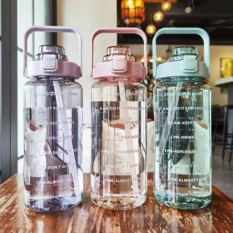 2L Water Bottle Portable Straw Plastic Water Cup for Outdoor Sports Fitness Adult High Value Big Fat Cup with Time Marker