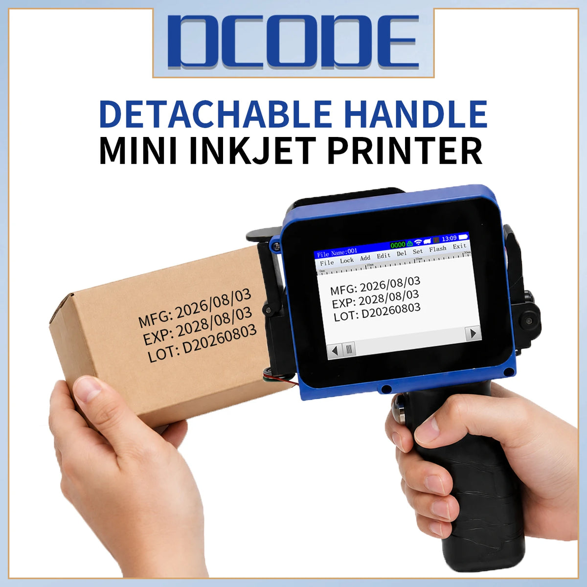 DCODE DC12 Portable Mini Printer with Detachable Handle 12.7mm Handheld Inkjet Printer QR Barcode Image Logo Date Coding Machine