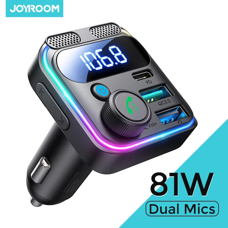 JOYROOM 81W Bluetooth 6.0 Car FM Transmitter Dual Mics PD&QC 3.0 Car Fast Charging Charger Adapter U Disk Hands-Free Calling