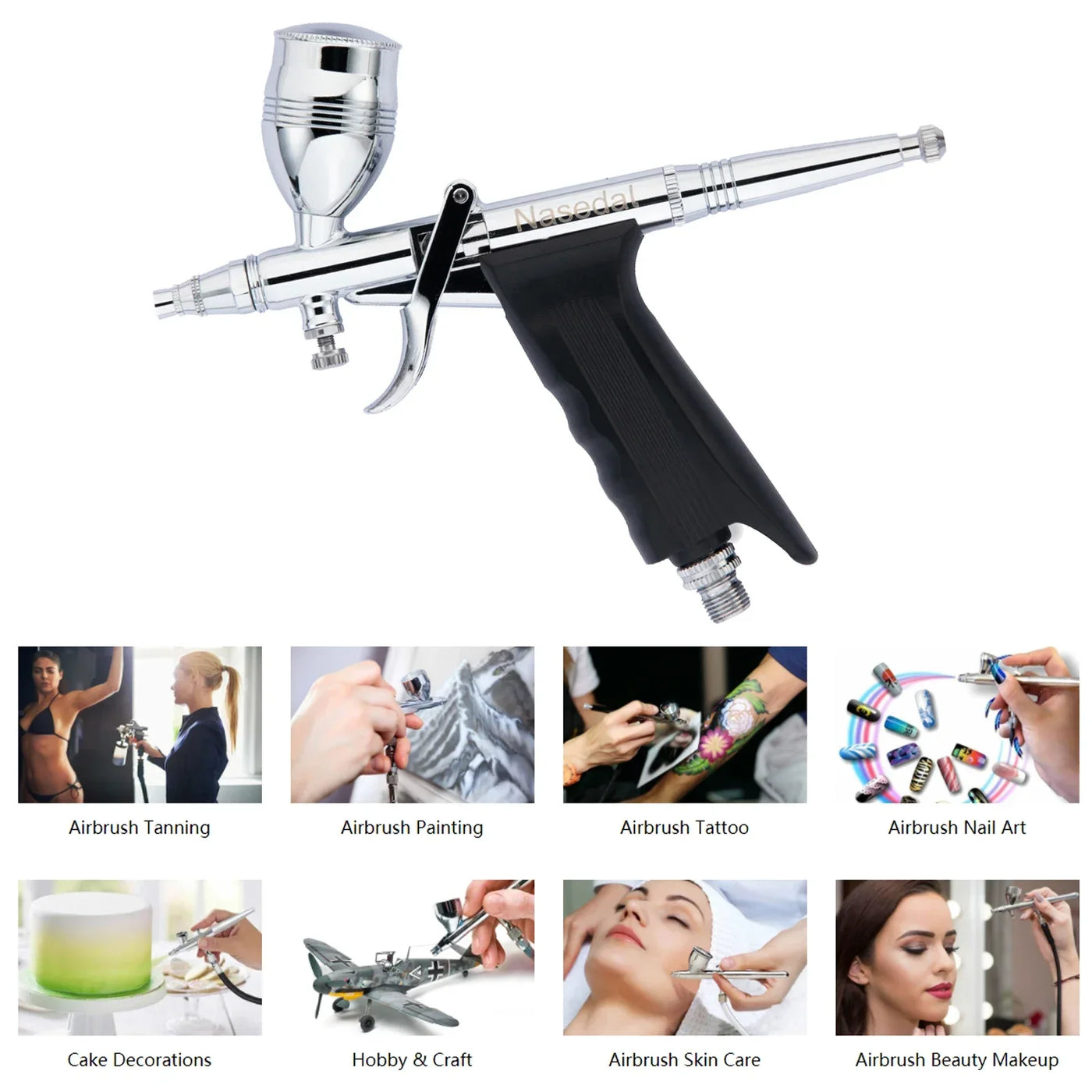 Gravity-feed double-action airbrush shown with supported application examples below.