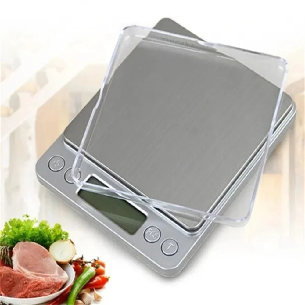 Compact digital scale with two clear weighing trays above the platform