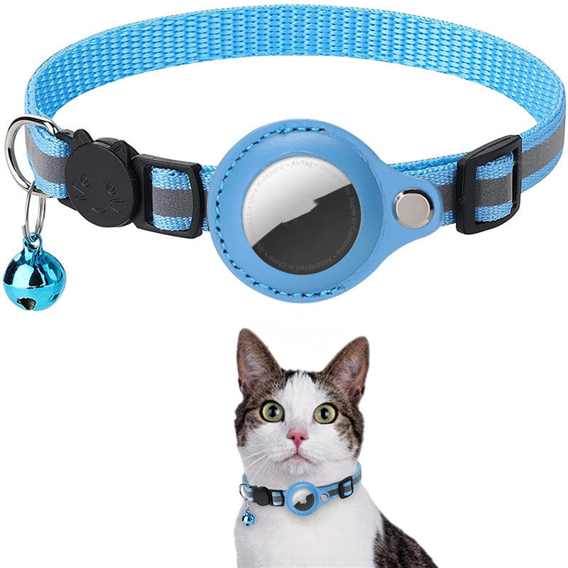 Sky-blue nylon pet collar with round holder; locator shown for fit illustration and not included