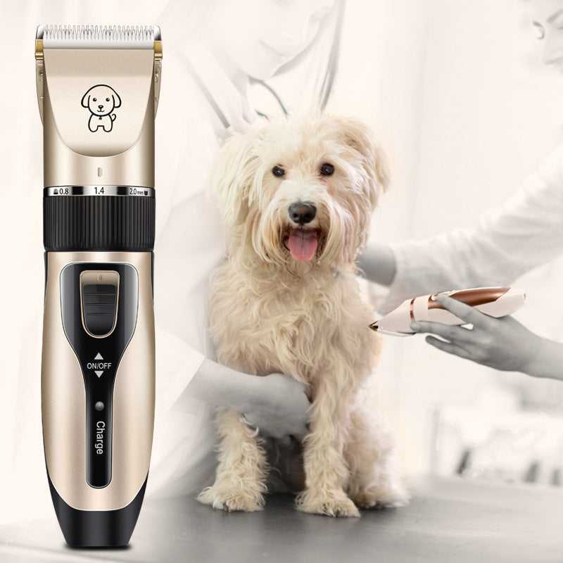 Rechargeable pet hair clipper beside a dog being groomed