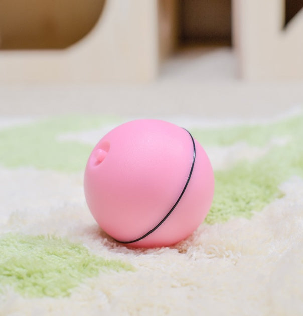 Pink electronic rolling pet toy ball on a soft green and cream rug