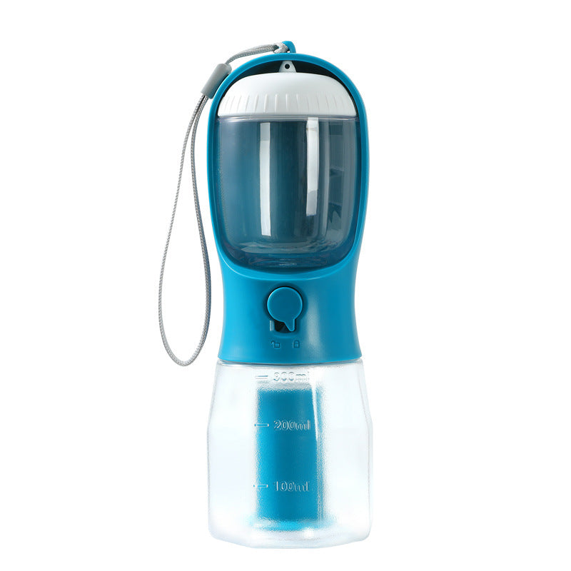 Blue portable pet water bottle isolated on white with lock button, trough, strap, and molded volume marks visible