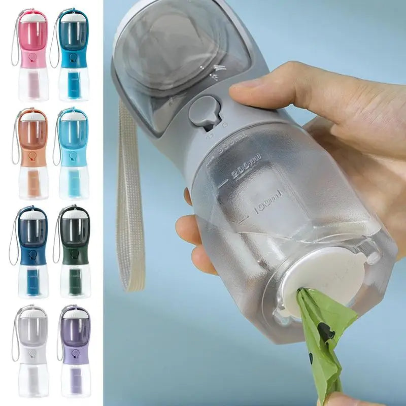 Portable pet bottle held in hand with bottom waste bag pulled out and multiple color options shown at left