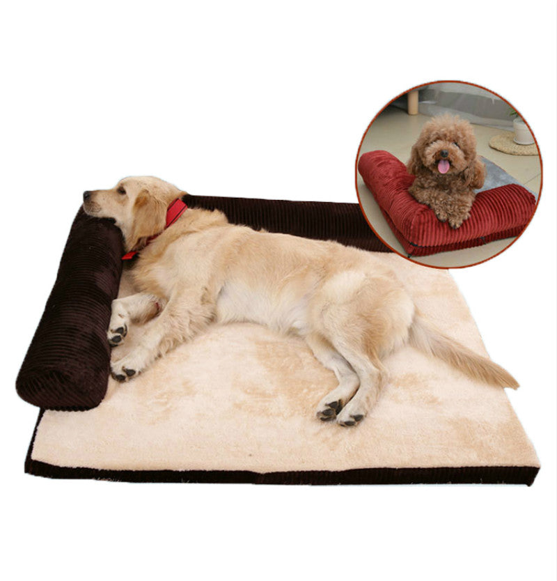 Large light-colored dog resting on a brown and cream corduroy pet sofa bed