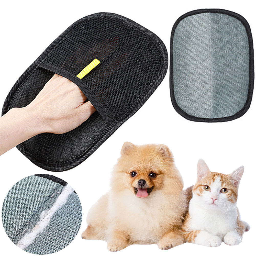 Black pet grooming mitt showing mesh hand side and textured hair-removal side beside a dog and cat
