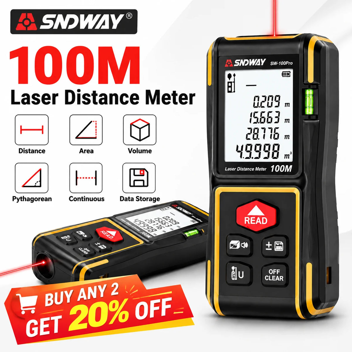 SNDWAY Laser Distance Meter SW-50Pro 50M 70M 100M Digital Rangefinder ±2mm Accuracy Area Vol for Construction Leveling