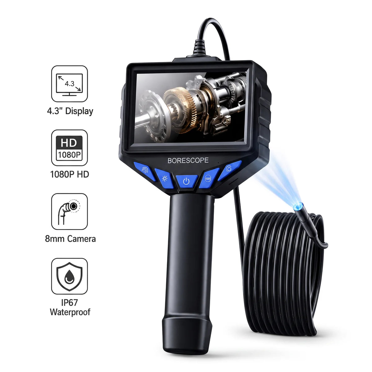 4.3" Screen Handheld Endoscope Camera 1080P HD, IP67 Waterproof Borescope Inspection Camera with 8 LEDs for Automotive Pipe