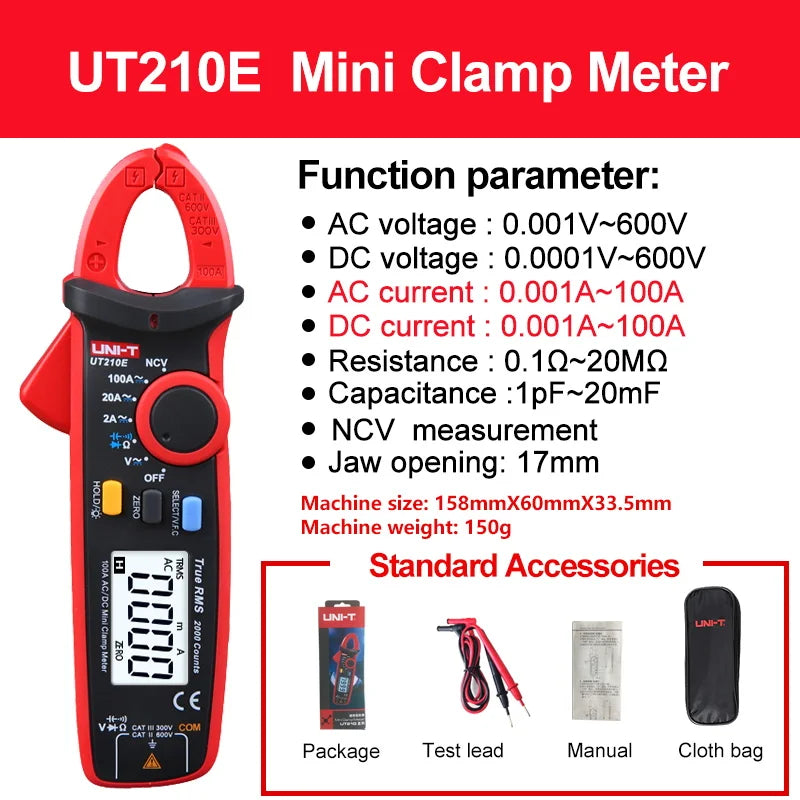 UNI-T Clamp Meter Digital UT210E UT210D AC Current Mini Clamp Multimeter True RMS Pliers Ammeter UT210C Auto Range