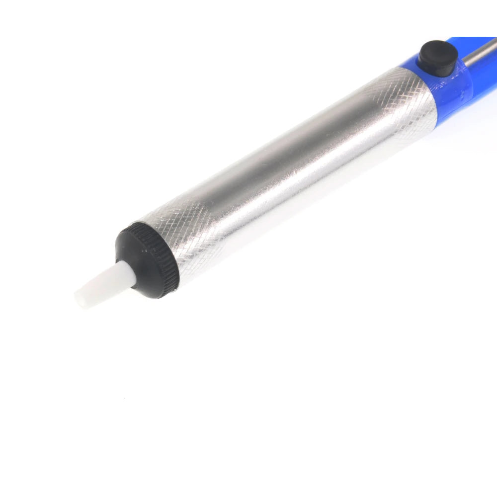 Blue and silver manual desoldering pump on a white background