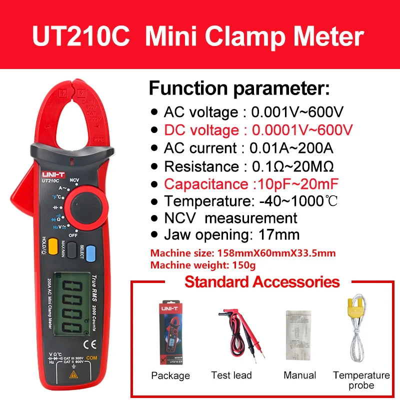 UNI-T Clamp Meter Digital UT210E UT210D AC Current Mini Clamp Multimeter True RMS Pliers Ammeter UT210C Auto Range