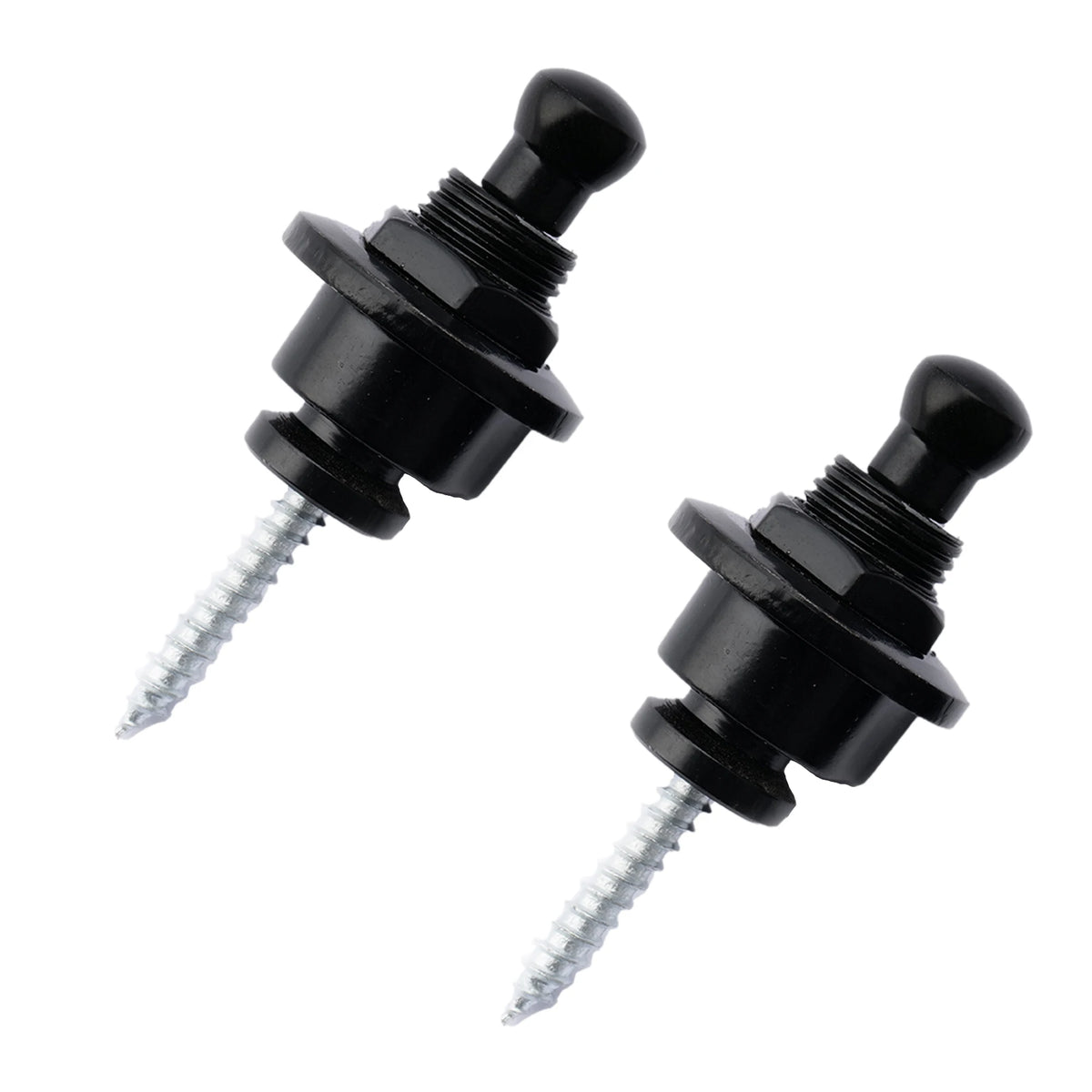 Pair of black zinc-alloy locking strap buttons with mounting screws