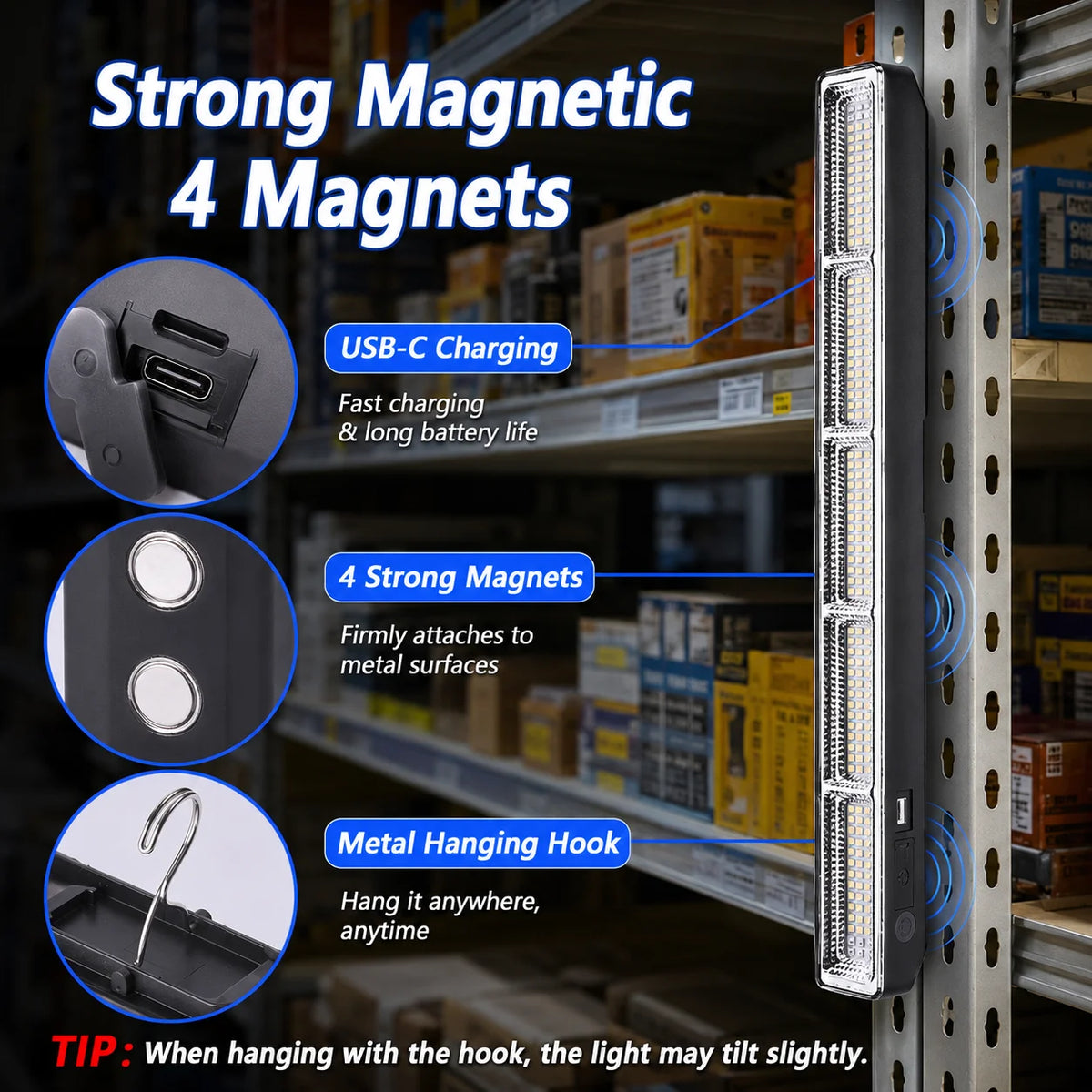 Magnetic LED Work Light Bar USB Rechargeable Portable 3 Modes IP66 Waterproof Emergency Power Bank Lamp Camping Garage Repair RV