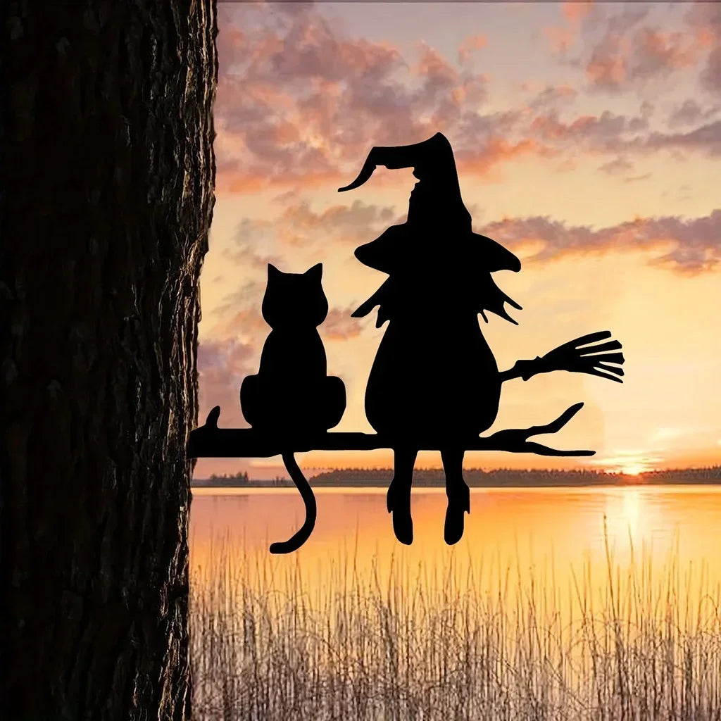 Witch & Cat Metal Garden Stake – Outdoor Yard Art