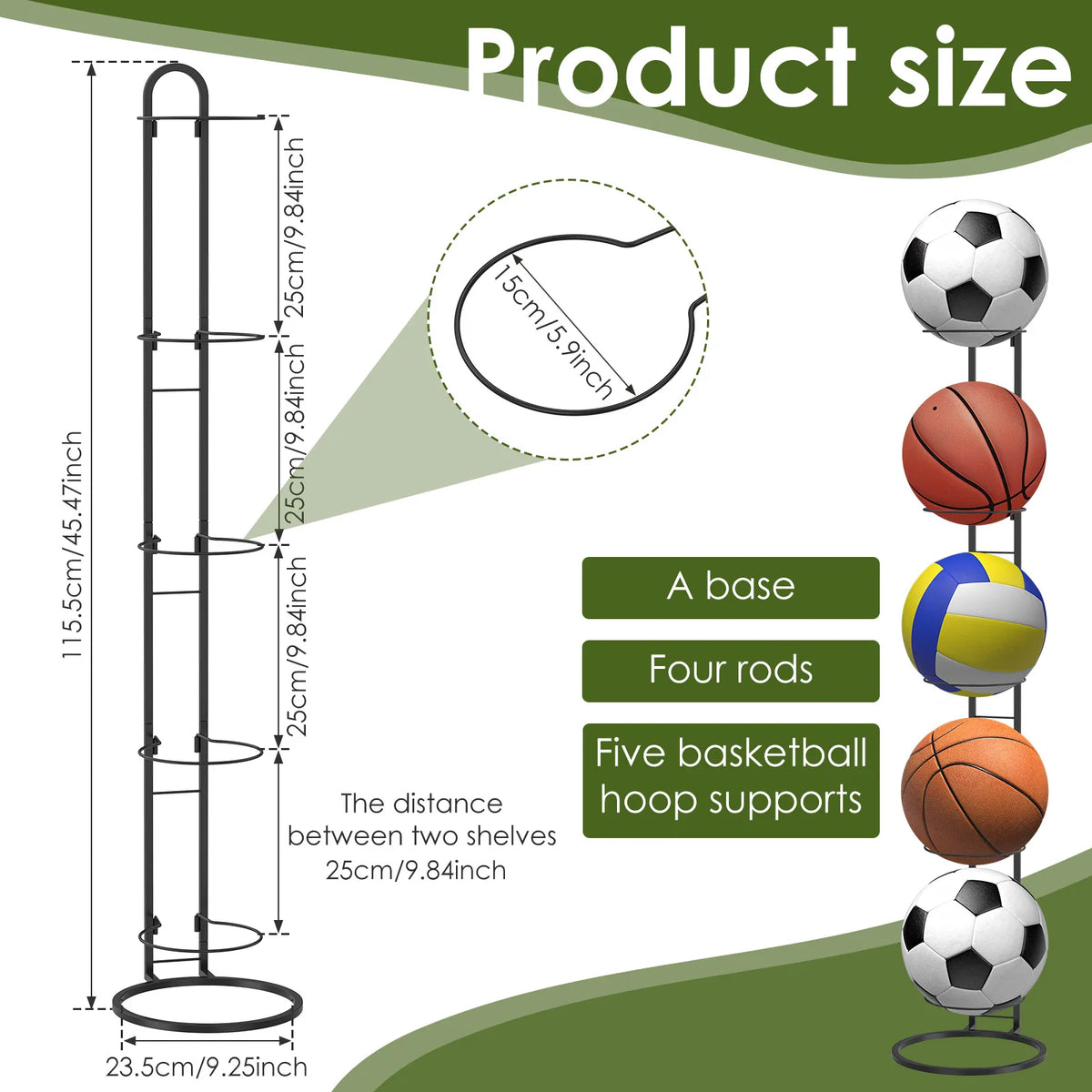 5 Tier Iron Ball Storage Rack Vertical Removable Home Indoor Children Basketball Football Volleyball Stand Holder Saving Space