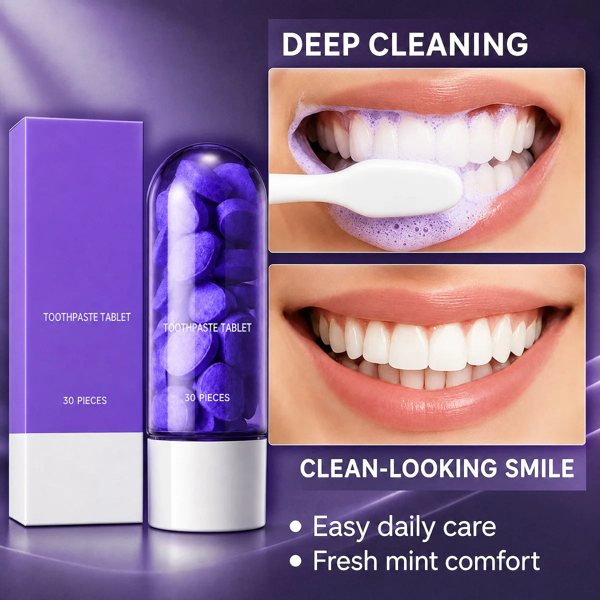 Purple Teeth Whitening Tablets 30 Pcs – Removes Stains & Plaque, Mint Flavor, Deep Cleaning, Portable Oral Care