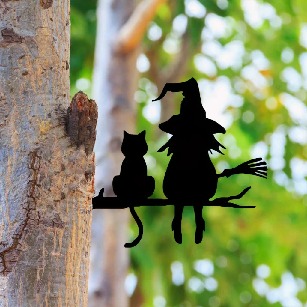 Witch & Cat Metal Garden Stake – Outdoor Yard Art