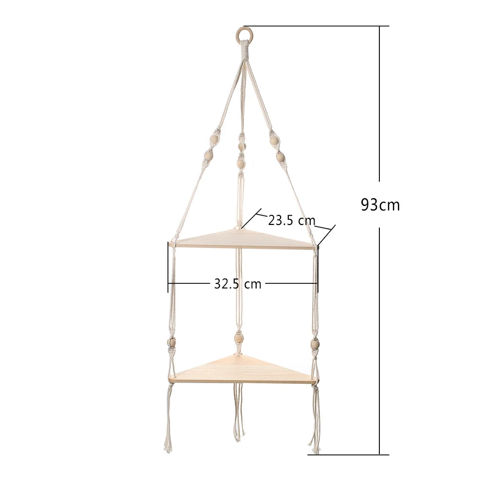 Boho Wood Hanging Wall Shelf – Macramé Display Organizer