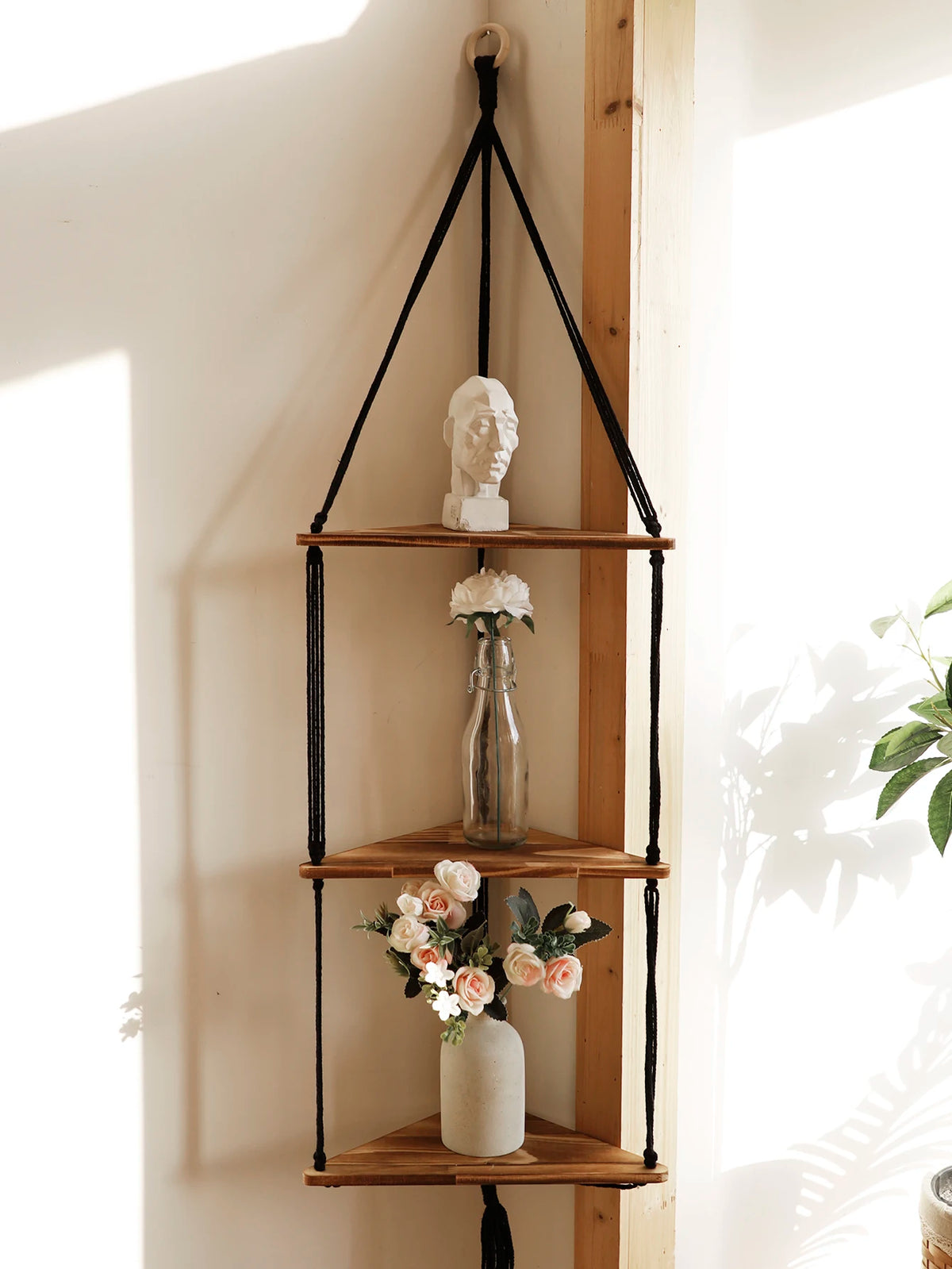 Boho Wood Hanging Wall Shelf – Macramé Display Organizer