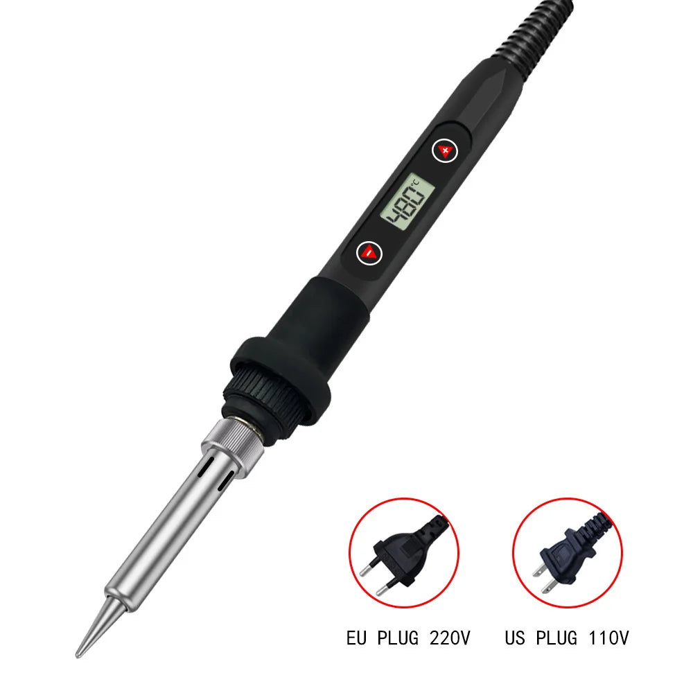 Black 80W LCD soldering iron with US 110V and EU 220V plug options.