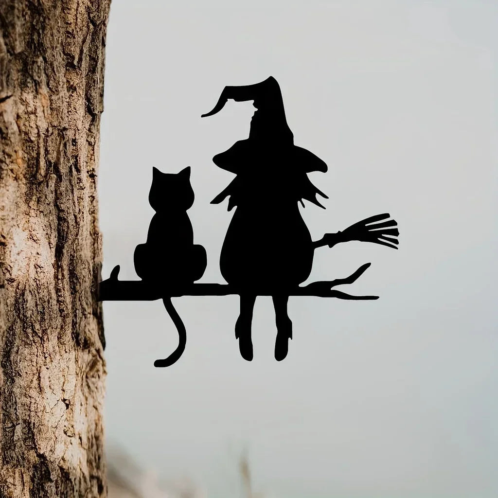 Witch & Cat Metal Garden Stake – Outdoor Yard Art