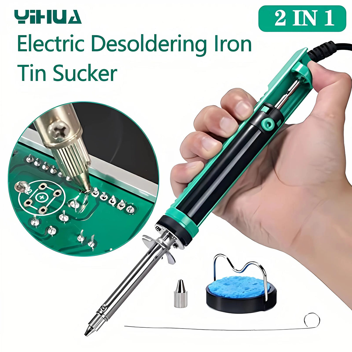 929D-V electric desoldering iron with suction pump, stand, nozzle and cleaning pin.