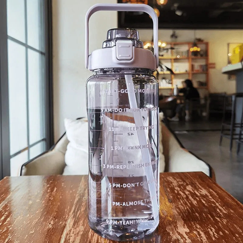 2L Water Bottle Portable Straw Plastic Water Cup for Outdoor Sports Fitness Adult High Value Big Fat Cup with Time Marker