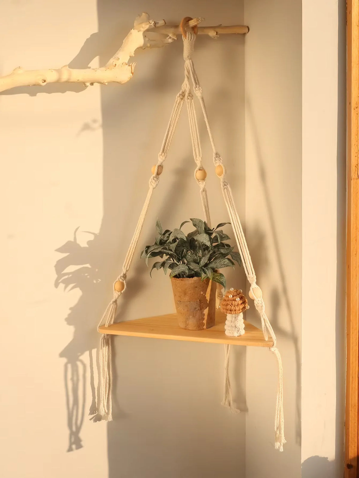 Boho Wood Hanging Wall Shelf – Macramé Display Organizer