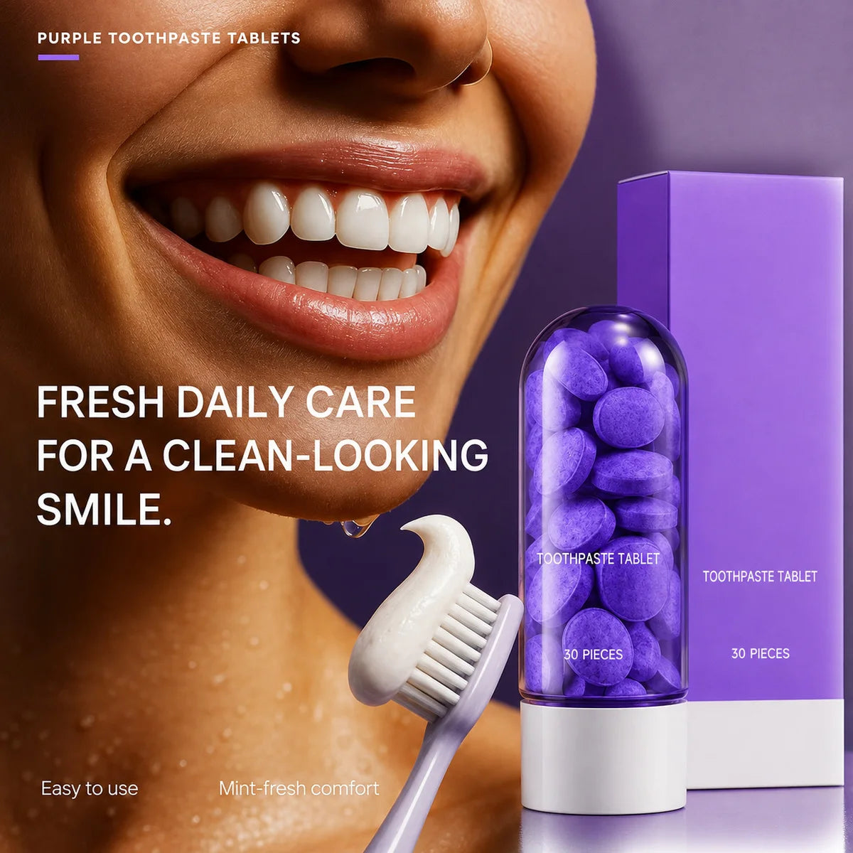 Purple Teeth Whitening Tablets 30 Pcs – Removes Stains & Plaque, Mint Flavor, Deep Cleaning, Portable Oral Care