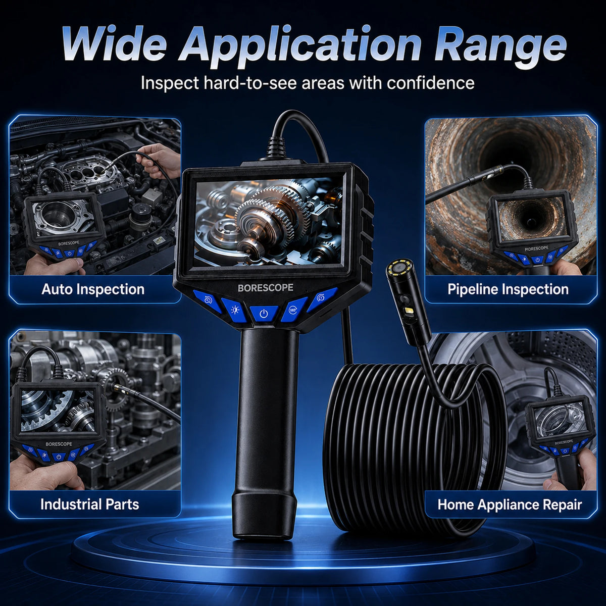 4.3" Screen Handheld Endoscope Camera 1080P HD, IP67 Waterproof Borescope Inspection Camera with 8 LEDs for Automotive Pipe