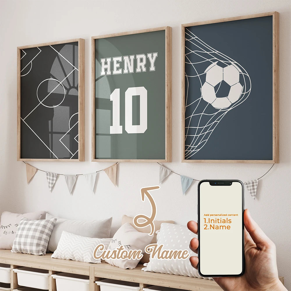 3pcs Personalized Custom Name Cartoon Football Wall Art Print Picture Canvas Poster Painting For Living Room Home Decor