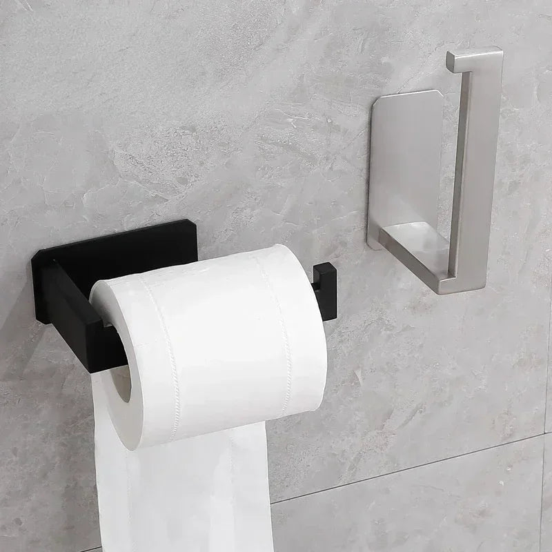 Stainless Steel Toilet Roll Holder Self Adhesive in Bathroom Tissue Paper Holder Black Finish Easy Installation No Screw