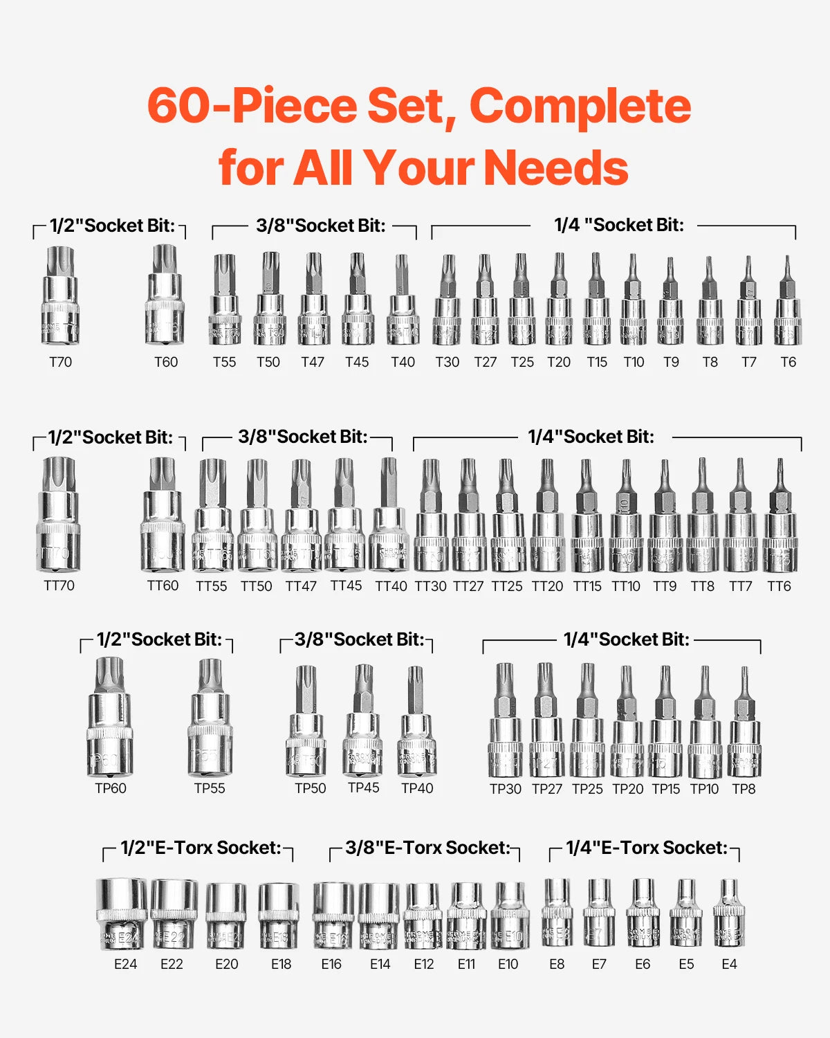 SucceBuy 60-Piece Torx & E-Torx Socket Set
