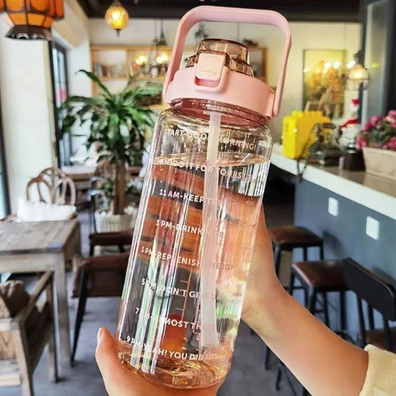 2L Water Bottle Portable Straw Plastic Water Cup for Outdoor Sports Fitness Adult High Value Big Fat Cup with Time Marker