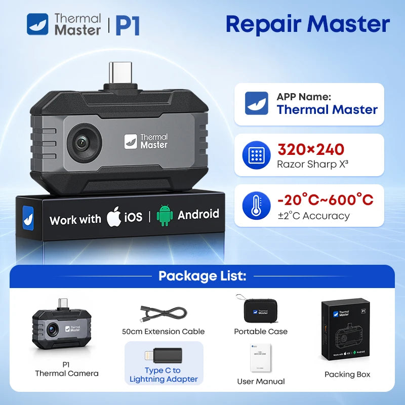 320*240 Thermal Imaging Camera P1  for iPhone and Android Cell Phone 600℃ HVAC House Inspection 15X Digital Zoom