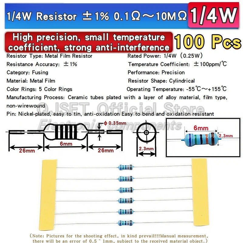 100-Pack 0.25W 1% Metal Film Resistors, Multiple Values