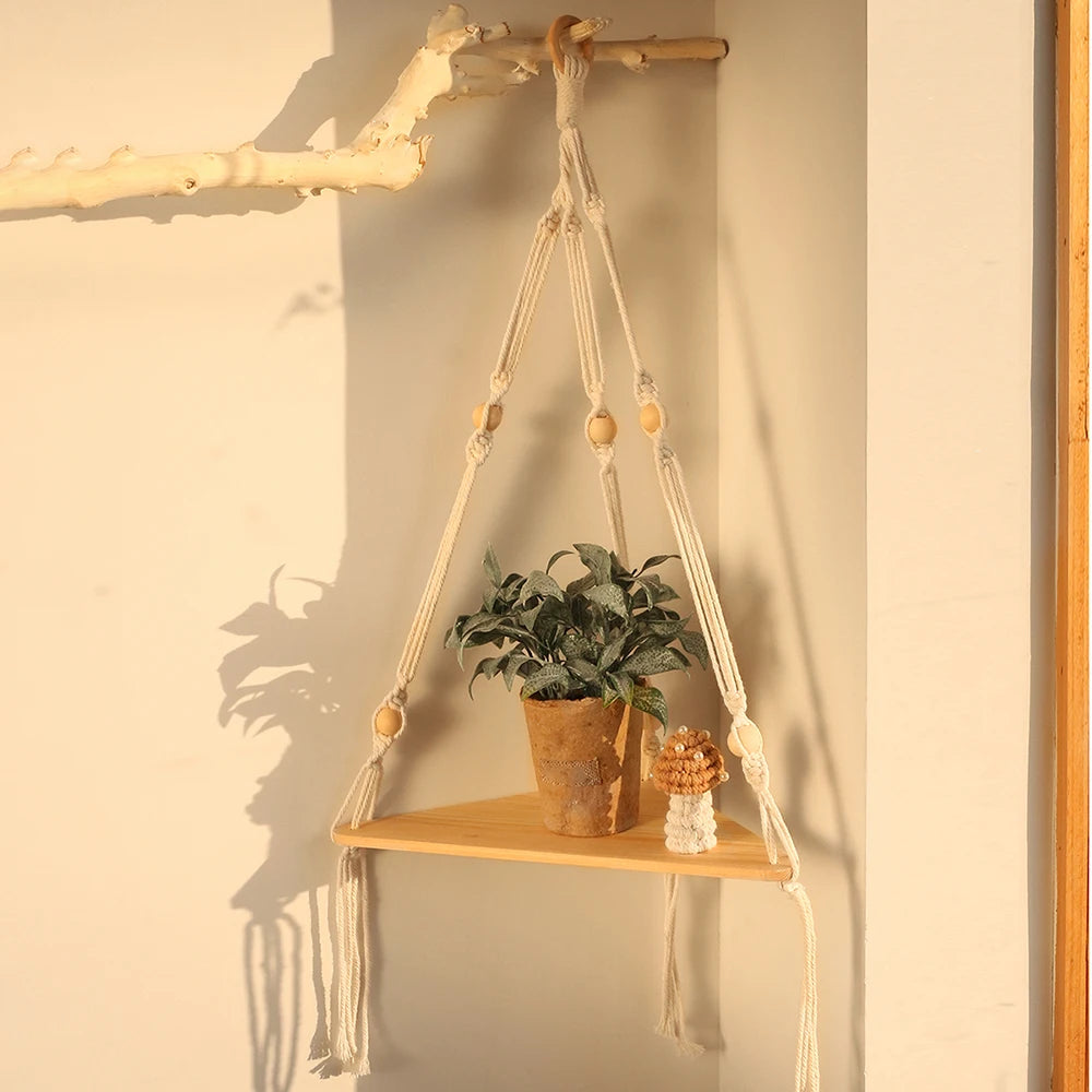 Boho Wood Hanging Wall Shelf – Macramé Display Organizer