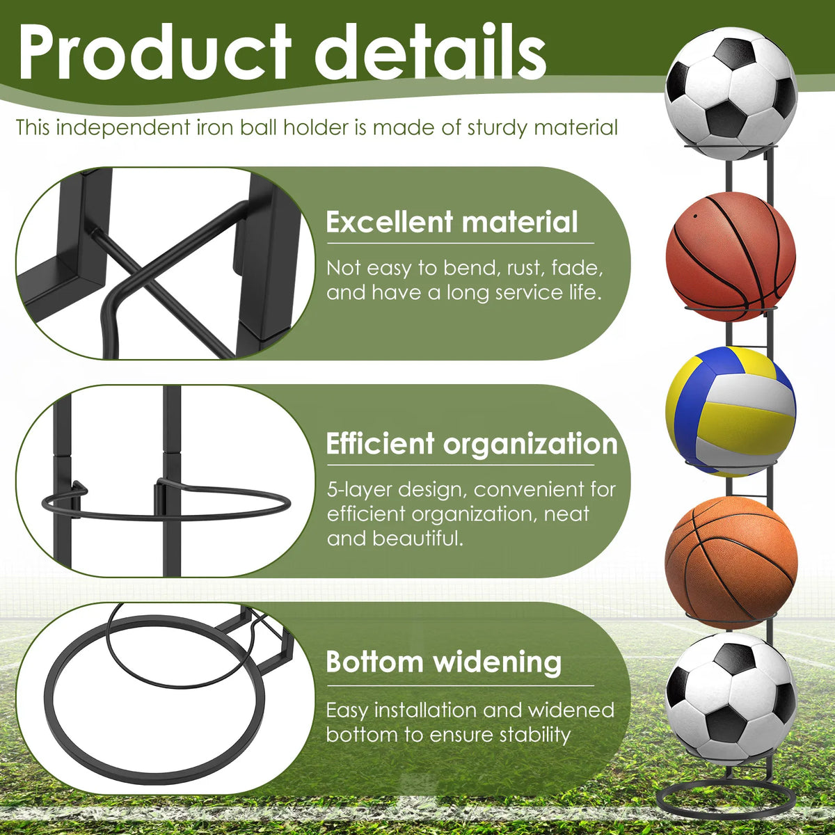 5 Tier Iron Ball Storage Rack Vertical Removable Home Indoor Children Basketball Football Volleyball Stand Holder Saving Space