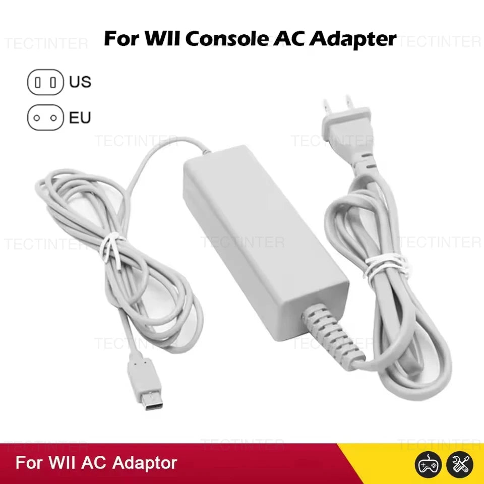 Wii U GamePad AC charger with cable, connector and US/EU plug examples.