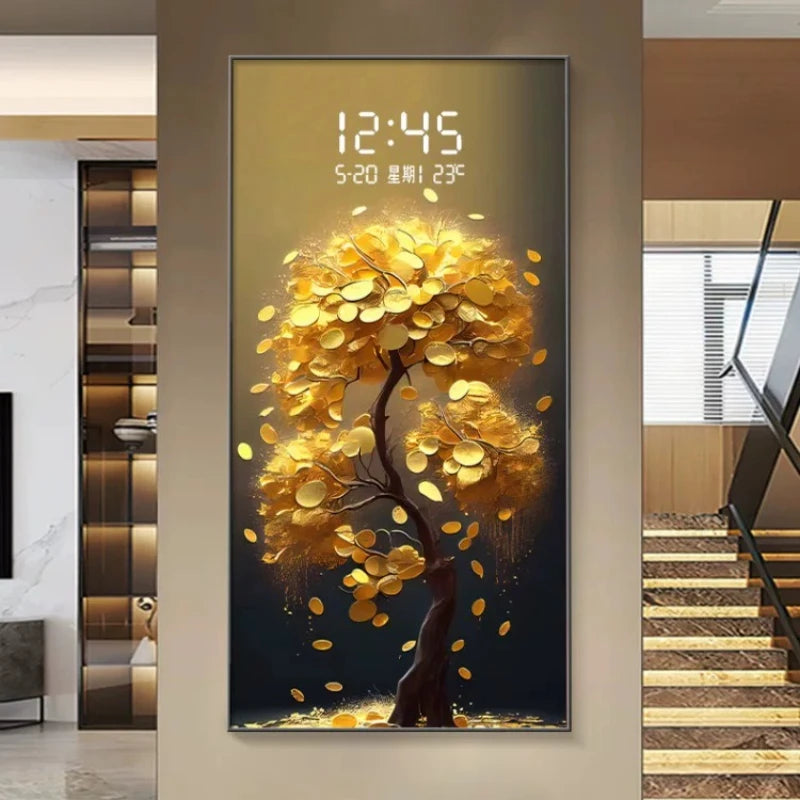 Money Tree Wall Clock Modern Living Room LED Electronic Clock Corner Entrance Bedroom Study Wall Light Mural Watch Home Decor
