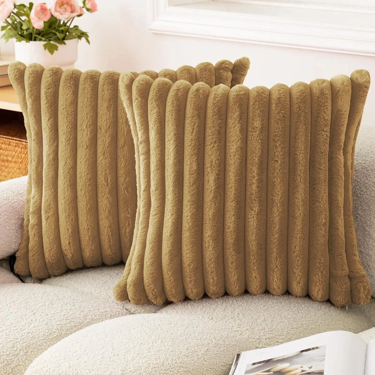 Faux Rabbit Fur Cushion Cover – Soft Striped Design