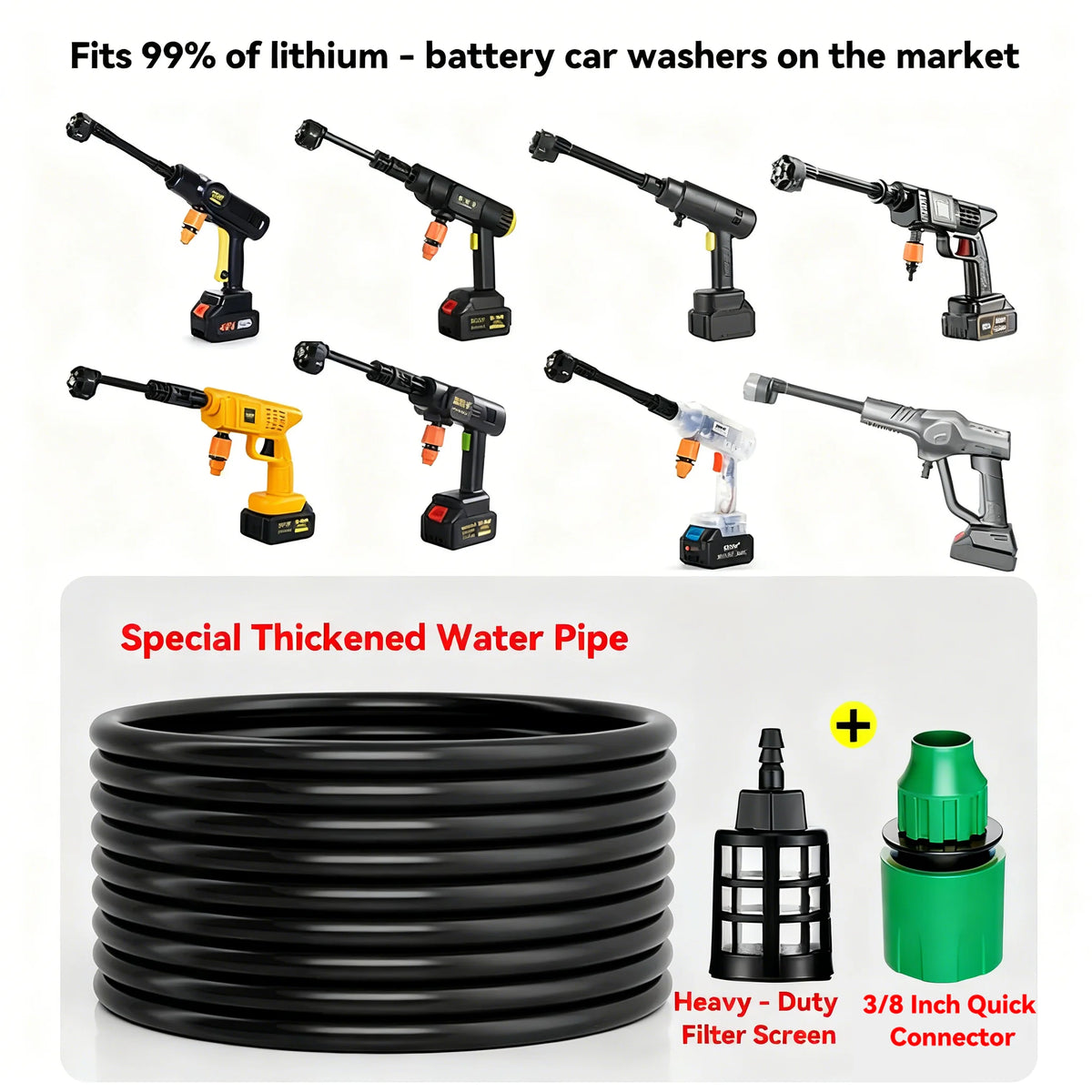 5m/10m/15m/20m Cordless Lithium High-Pressure Car Wash Gun Water Inlet Hose, Household Washer Pipe, 3/8" Flexible Suction Hose