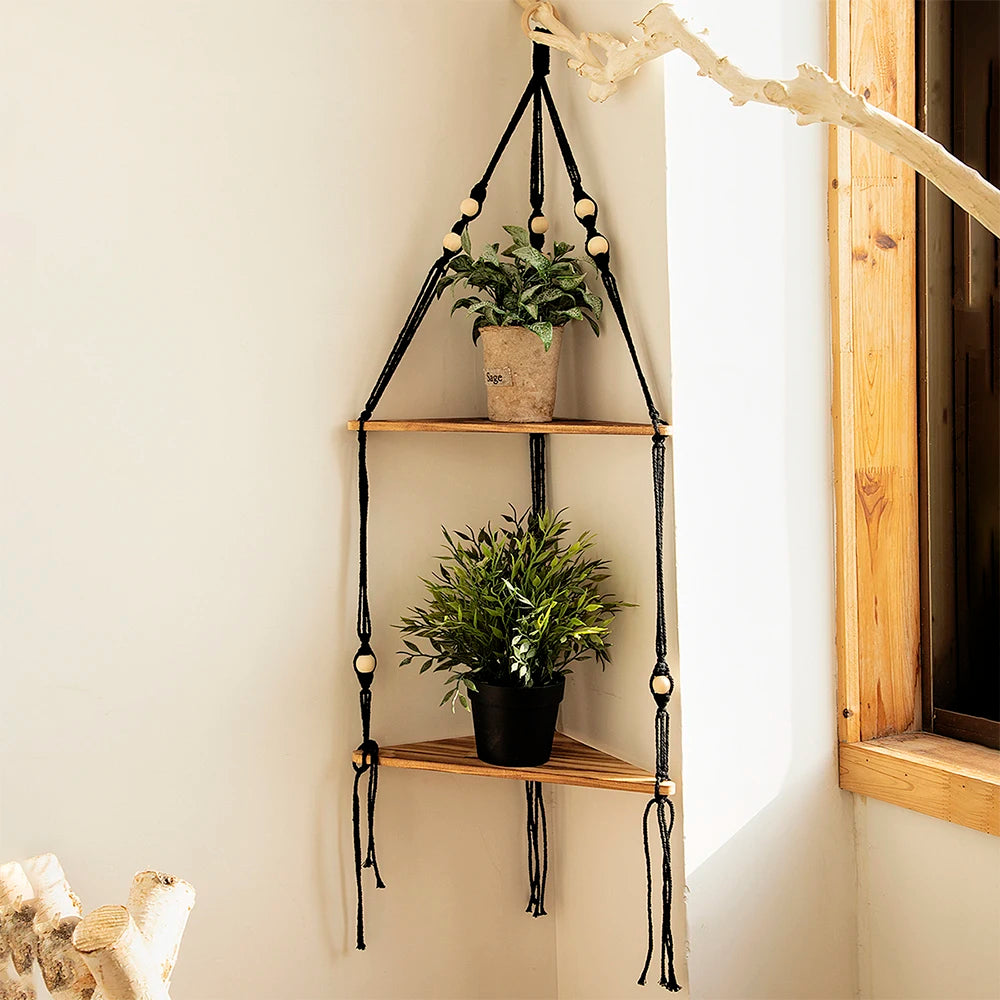 Boho Wood Hanging Wall Shelf – Macramé Display Organizer