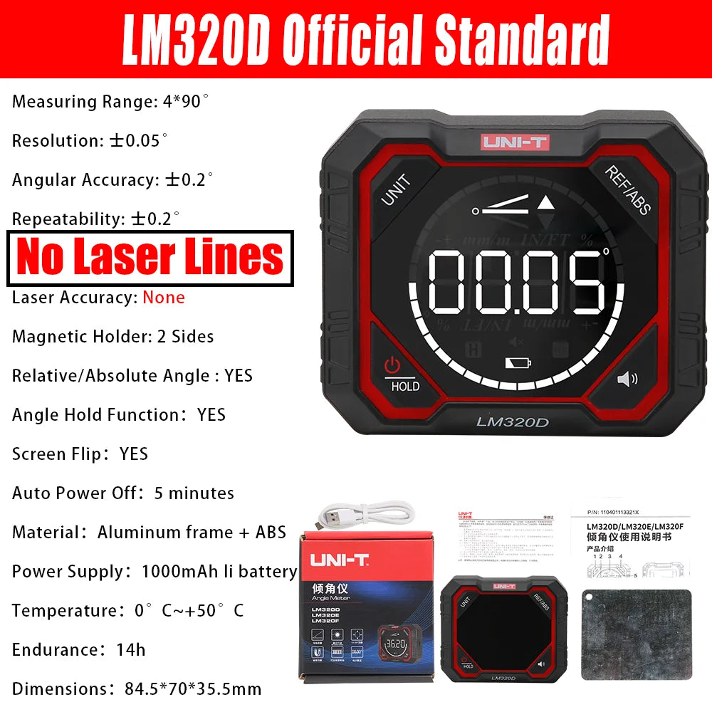UNI-T LM320D LM320E LM320F Laser Inclinometer Digital Angel Meter with Absolute Relative Angle Measurement Magnetic Inclinometer