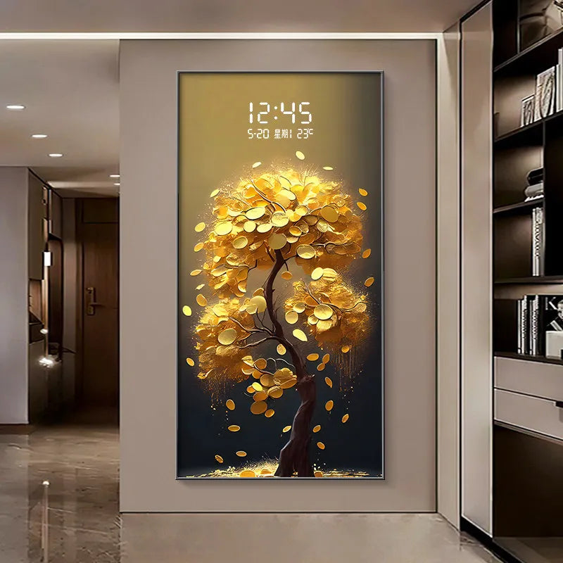 Money Tree Wall Clock Modern Living Room LED Electronic Clock Corner Entrance Bedroom Study Wall Light Mural Watch Home Decor