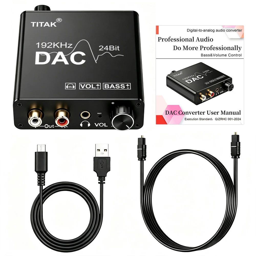 192KHz/24Bit DAC Digital to Analog Audio Converter Digital SPDIF Optical Toslink Coaxial to Analog Stereo L/R RCA and 3.5mm Jack